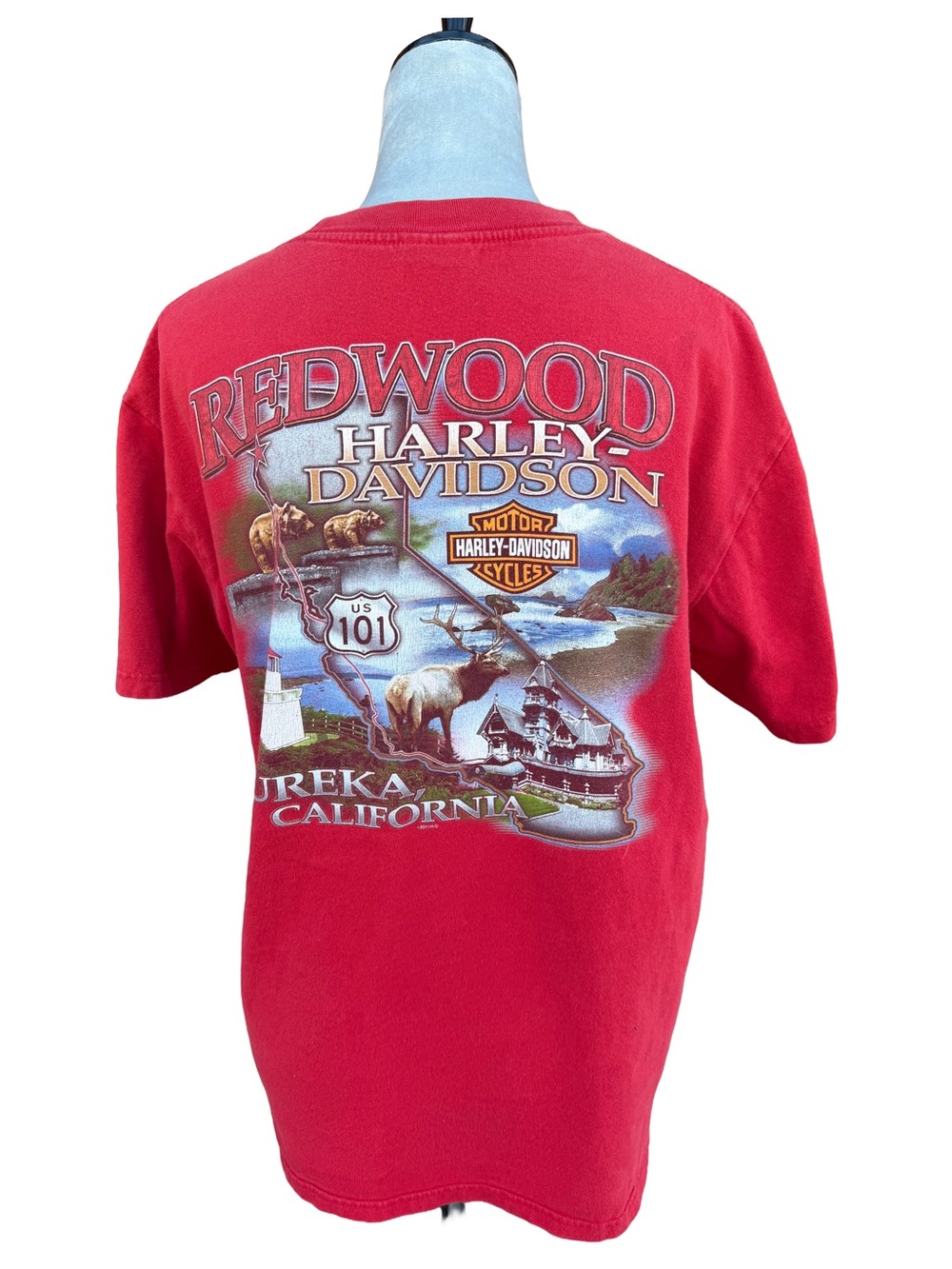 Vintage Harley Davidson Eureka CA T Shirt Large? Red US 101 Redwood Biker Y2K